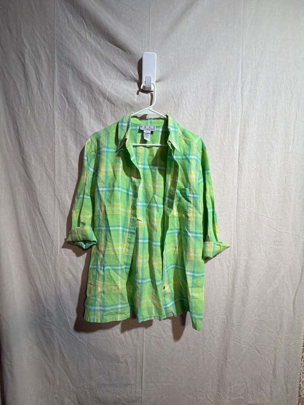 Real Comfort Women's Lime Green Plaid 100% Linen Button Down Shirt